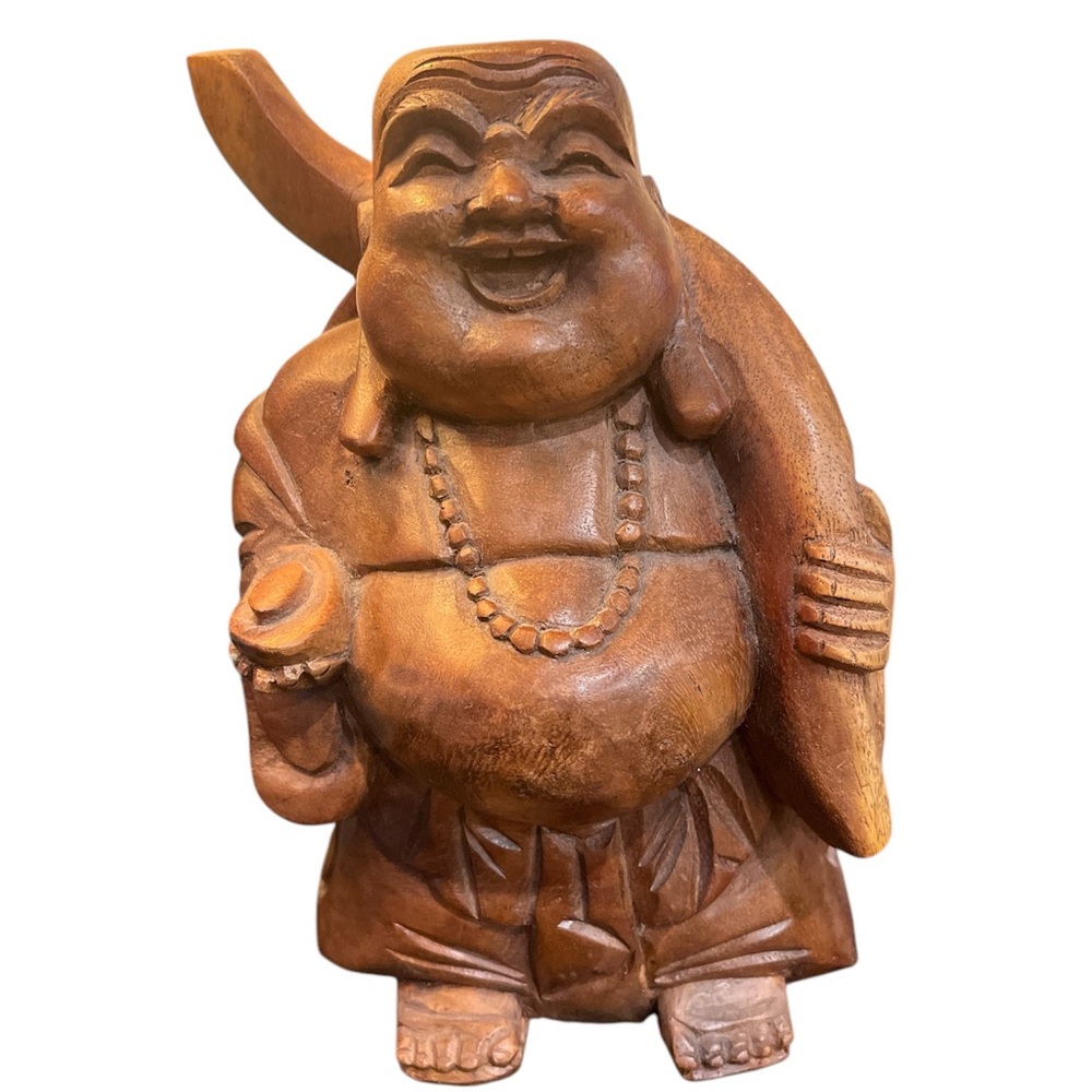 Carved large wood standing happy buddha